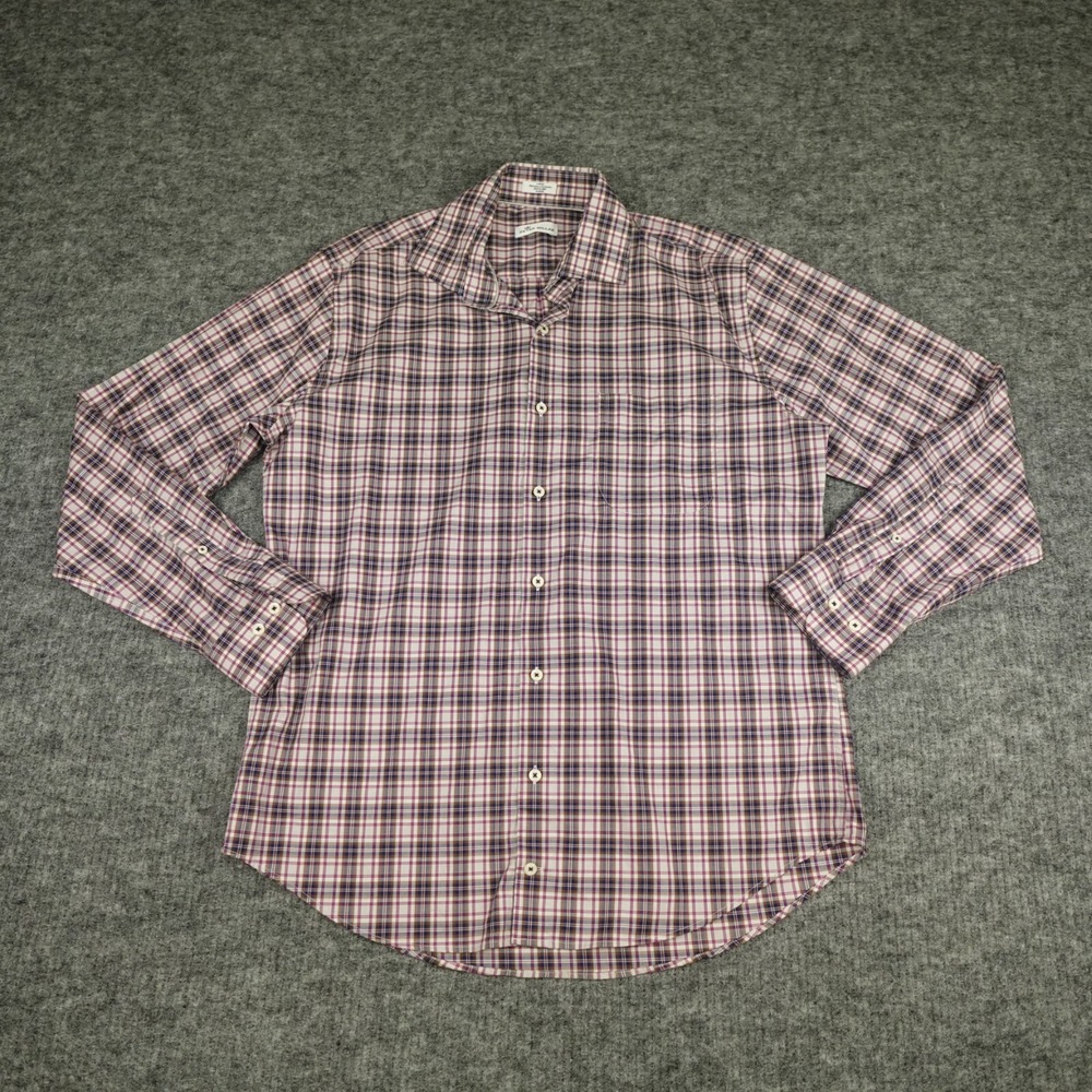 Peter Millar‎ Shirt Mens Large Blue Plaid Cotton/Spandex Long Sleeve Button Up